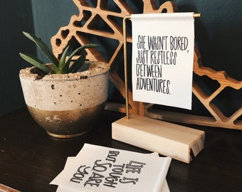 She Wasn't Bored, Just Restless Between Adventures Standing Banner - Canvas Print - Wood and Metal - Motivational Quote - Handwritten type