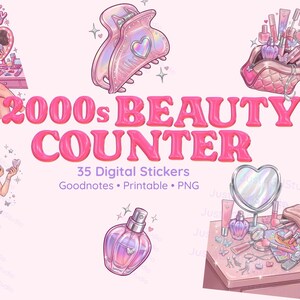 Puede incluir: Un conjunto de pegatinas digitales titulado 2000s BEAUTY COUNTER con 35 ilustraciones que incluyen a una persona maquillándose, una pinza para el pelo rosa, un neceser, un frasco de perfume y un tocador con espejo en forma de corazón.