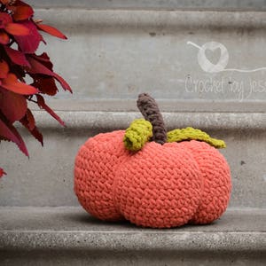 May include: A crocheted pumpkin in a coral color with green leaves and a brown stem. The pumpkin is sitting on a set of concrete steps.
