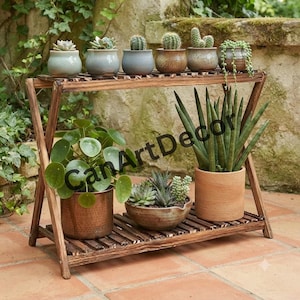 Two-Tier Pine Wood Plant Stand: Rustic Indoor Outdoor Display