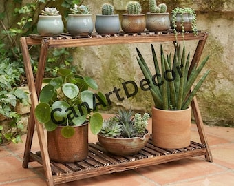Two-Tier Pine Wood Plant Stand: Rustic Indoor Outdoor Display