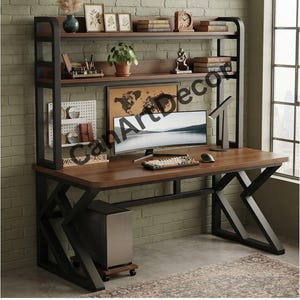 May include: A computer desk with a dark wood surface and a black metal frame featuring a hutch with two shelves. The desk includes a curved monitor, a keyboard, a computer tower on a rolling stand, a desk lamp, and various decorative items.
