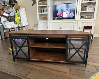 Wooden And Metal 55 Inch Rustic Corner Media Console Table With Sliding Burn Door