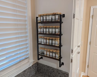 Rustic Black Metal & Wood 4-Tier Spice Rack | Wall Mounted Organizer