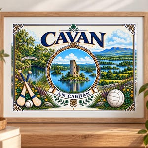Könnte beinhalten: Ein gerahmter Druck mit dem Text CAVAN und AN CABHÁN, der einen Steinturm auf einer Insel in einem See zeigt, umgeben von grünen Hügeln und Bäumen. Zwei Hurling-Schläger mit Ball befinden sich links, ein weißer Ball ist rechts abgebildet.