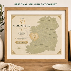 Mapa de los 32 condados de Irlanda / Mapa personalizado de los condados / Regalo de herencia irlandesa / Arte mural de Irlanda / Elige cualquier condado / Impresión en tamaño A4