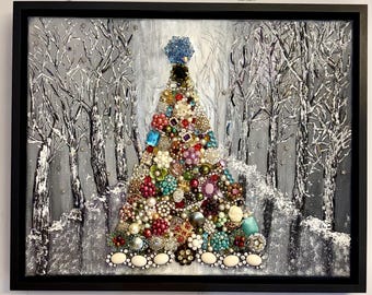Framed jewelry art Winter Wonderland vintage cluster clip earring Christmas tree on canvas with acrylic painted forest