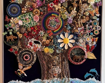 Framed Vintage Jewelry Art Tree of Life “Nature’s Harmony” Sea Life & Jungle Animals, OOAK Handmade Mixed Media Wall Decor, Upcycled Brooch