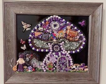 Framed Jewelry Art Kansas State University KSU Gnomes and Fairy Mushroom House Mixed Media Collage “Willie’s Groove Shack”