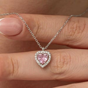 Sterling Silver Pink Zircon Heart Necklace: Elegant Halo Pendant