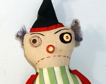 OOAK  Plush Crazy Clown, Creepy Clown, Zombie clown, Killer Clown, Folk Art Softie, upcycled, repourposed fabric