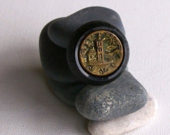 Vintage wooden, metal, vintage Medieval Tower Button Pendant Brooch, Rapunzel's Tower Pendant