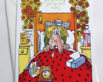 1970s vintage Get Well Soon card, unused, with envelope, " Heard your "Get Up and Go, Got up and Went"