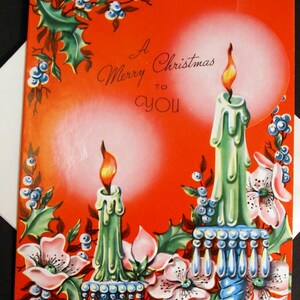 1940s Vintage Green Candles with Red background Christmas Card UNUSED