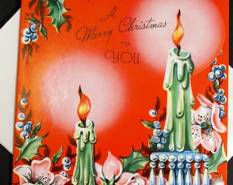 1940s Vintage Green Candles with Red background Christmas Card UNUSED