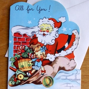 1940s Vintage Santa on the Rooftop Christmas Card, UNUSED, Children&#39;s Christmas Card 1940s