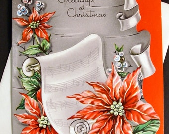 1940s Vintage Poinsettia and Christmas Sheet Music Christmas Card UNUSED