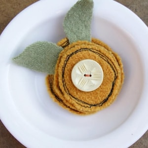 OOAK Orange Wool Felt Flower Brooch Pin with Vintage White Button