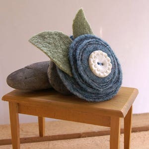 OOAK Blue Wool Felt Flower Brooch Pin with Vintage White Button