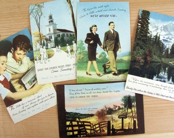 Vintage 1940s Come to Sunday School and Church postcards, unused,