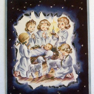 1940s Vintage Five Singing Angels with Baby Jesus EMBOSSED Christmas card