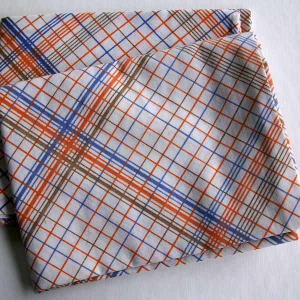 Vintage 1970s vintage orange and blue  plaid pillow case,  vintage sheet fabric, vintage linens