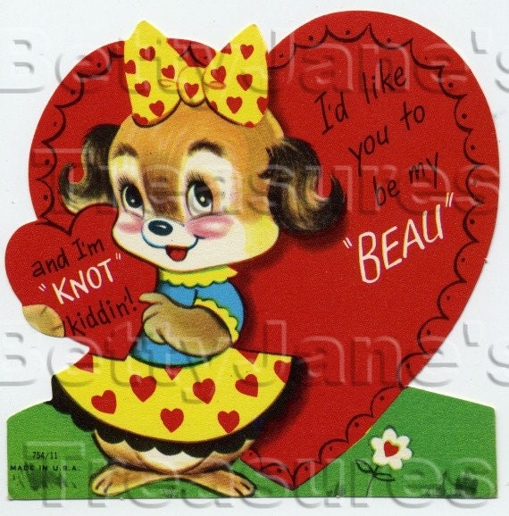 Vintage Die Cut Valentine Card Little Girl Showing Heart to Puppy