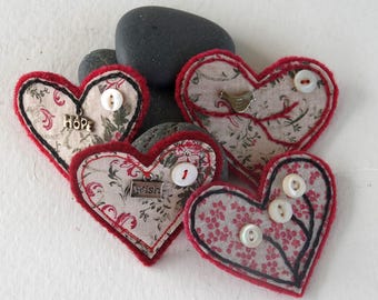Wool Felt heart  pin brooch badge with HOPE, WISH, BIRD charm, or button flowers-- heart brooch, upcycled wool felt  Choose One