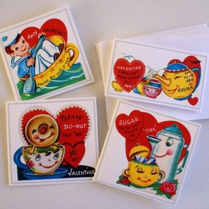 May include: A collection of four vintage Valentine's Day cards with white borders. Each card features a heart and a whimsical illustration, including a sailor, teapot, donut, and coffee pot, with playful text.