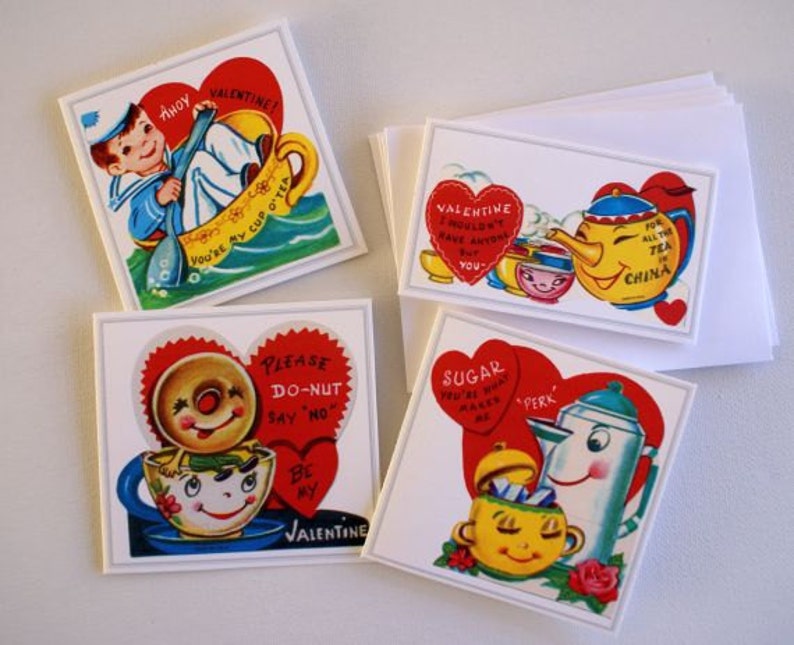 May include: A collection of four vintage Valentine's Day cards with white borders. Each card features a heart and a whimsical illustration, including a sailor, teapot, donut, and coffee pot, with playful text.