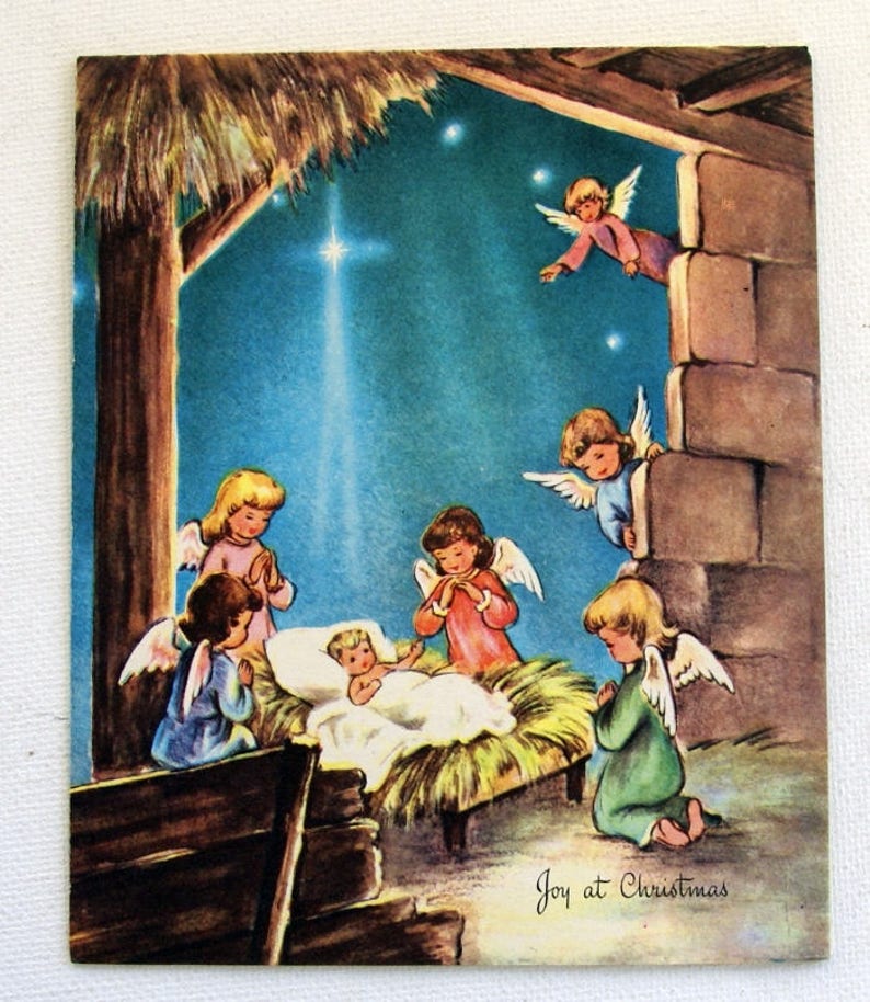 1940s Vintage Nativity Angels visiting the baby Jesus with the Etsy