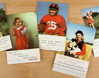 Vintage 1940s Come to Sunday School and Church postcards, unused,