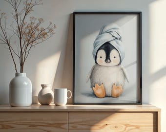 Schattige babypinguïn - schattig decor print, badkamer muurkunst, dierenillustratie voor kinderkamer of kraamcadeau