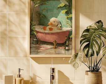 Stampa botanica di anatra nella vasca, divertente arte animale da bagno, arredamento stravagante
