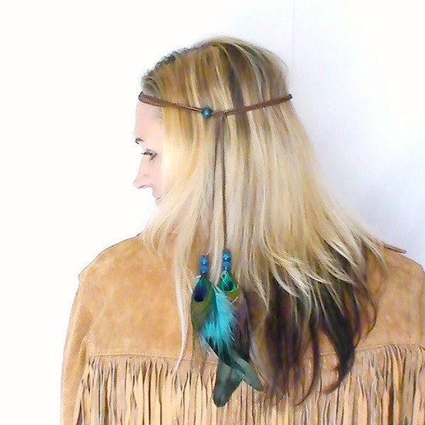 Boho Headband Necklace Aqua Turquoise Blue Peacock Feathers Extensions Hippie Style Unisex Summer Festival