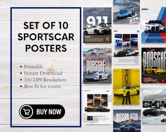 10 Sports Car Posters Digital Bundle – Printable Supercar Wall Art for Garage, Bedroom & Office