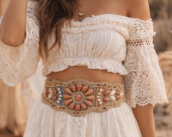 Cinturón bohemio con flores y cuentas: faja elástica vintage para vestir