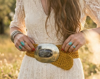 Wide Braided Leather Belt: Boho Western Buckle with Stone