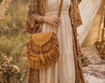 Bolso de ante con flecos, bandolera estilo boho western, bolso hippie de cuero con borlas, bolso de hombro estilo vaquera para festivales.