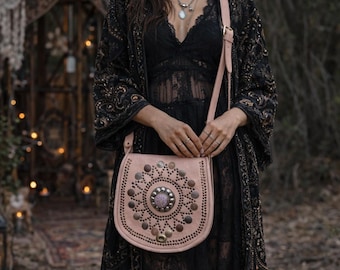 Boho Leather Crossbody Bag: Mandala, Crystals & Coins