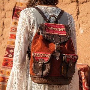 Tooled Leather Backpack, Aztec Boho Rucksack, Ethnic Purse, Woven Peruvian Blanket, Vintage Moroccan Travel Bag