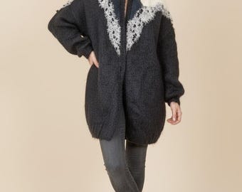 Cardigan en tricot mohair mélangé des années 80 : veste bohème oversize