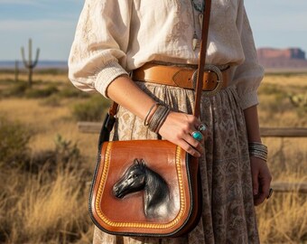 Western Tooled Leather Bag, Horse Purse, Cowgirl Crossbody Bag, Boho Satchel