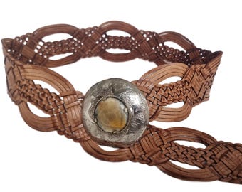 Braided Leather Boho Belt: Engraved Buckle, Animal Horn Stone