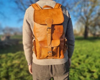 Unisex 16" real leather backpack in tan brown - minimalist rucksack for men and women