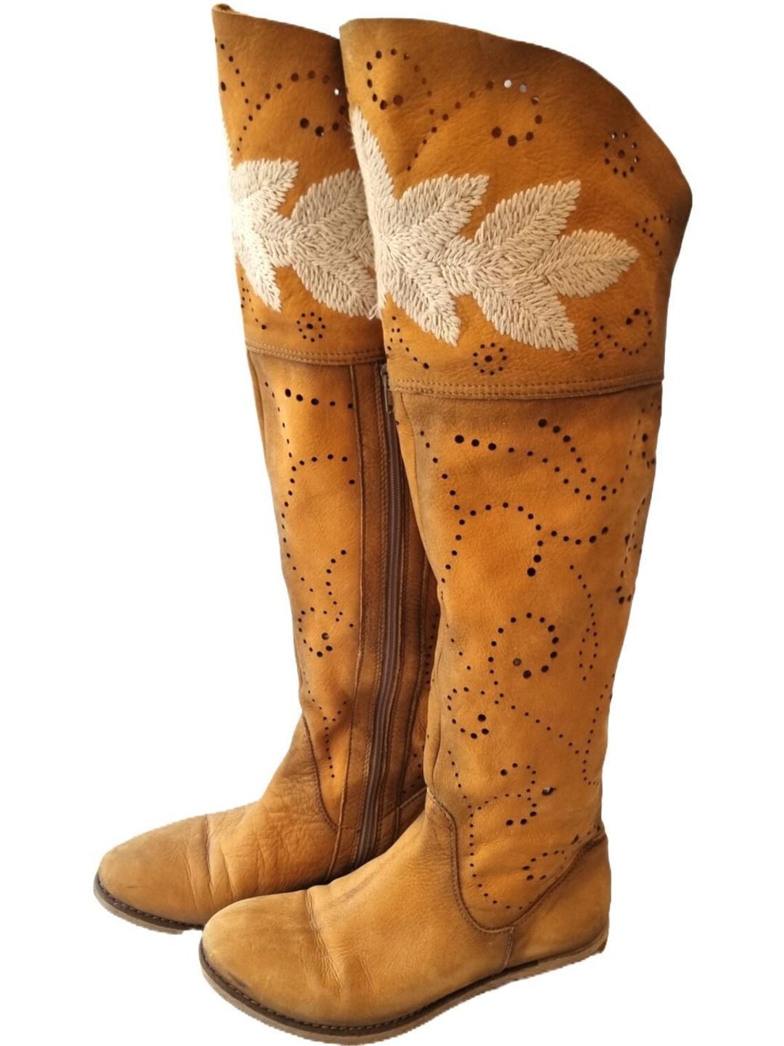 Embroidered Over-the-Knee Leather Boots: Boho Hippie Festival Style (EU 37 / UK 4 / US 6), photo 2 sur 5