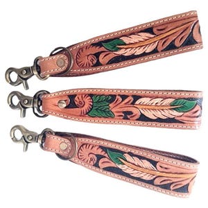 Large western leather keychain lanyards, hand tooled leather wristlet, replacement bag strap, vintage cowgirl purse strap, car key fob