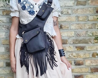 Boho chic women's leather bum bag with fringe tassel - hands-free fashion