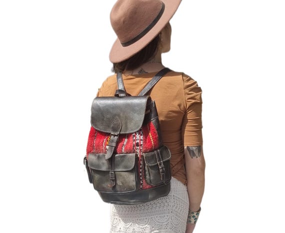 Moroccan Leather Backpack, Large Womens Rucksack, Boho  display picture 2