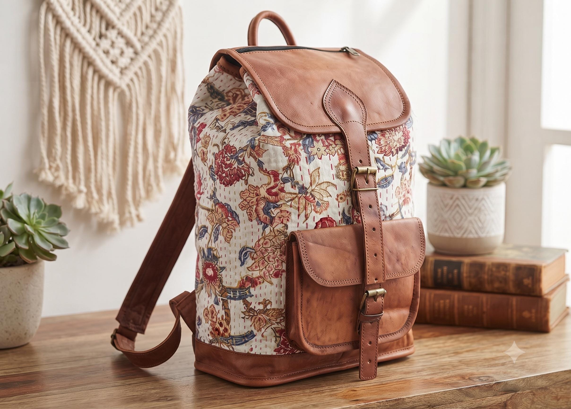 Floral Leather Backpack: Large Canvas Rucksack, Vintage Boho Bag